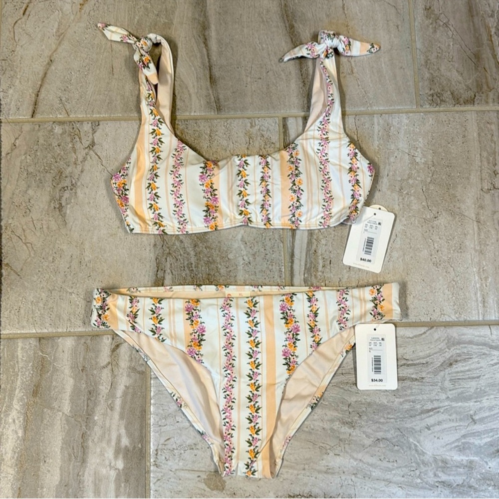 Gianni Bini bikini BOTTOM floral stripe swim summer spring peach cream junior wm